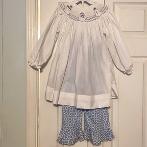 Smocked snowman outfit with ruffle sleeves & matching bell pants